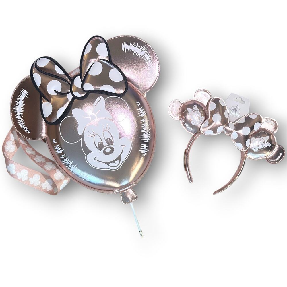 Loungefly Disney Parks Minnie Mouse Rose Gold Balloon Crossbody Bag and Ears NWT